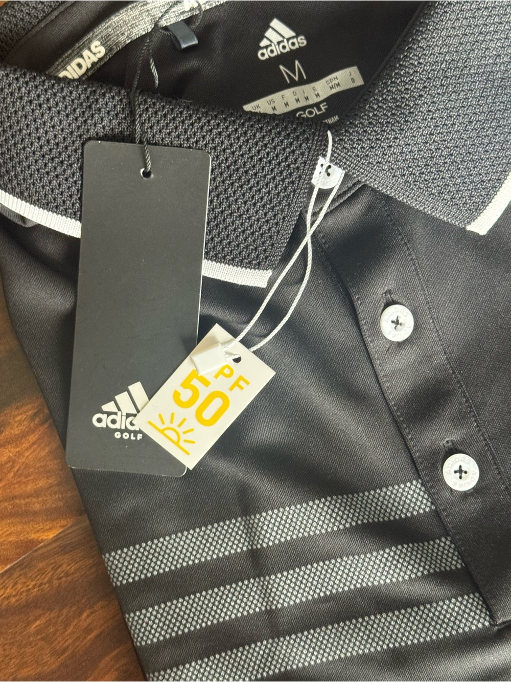 adidas Black Golf Polo Shirt with 3 Stripe Detail 50 UPF